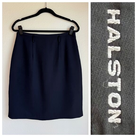 Y2K Vintage Halston Womens Knee Length Navy Pencil Skirt with Belt Loops Size 12 - Picture 1 of 8